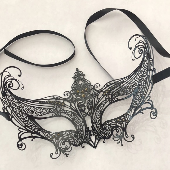 Black Metal Masquerade Mask with Red Rhinestones Handmade - Picture 13 of 17